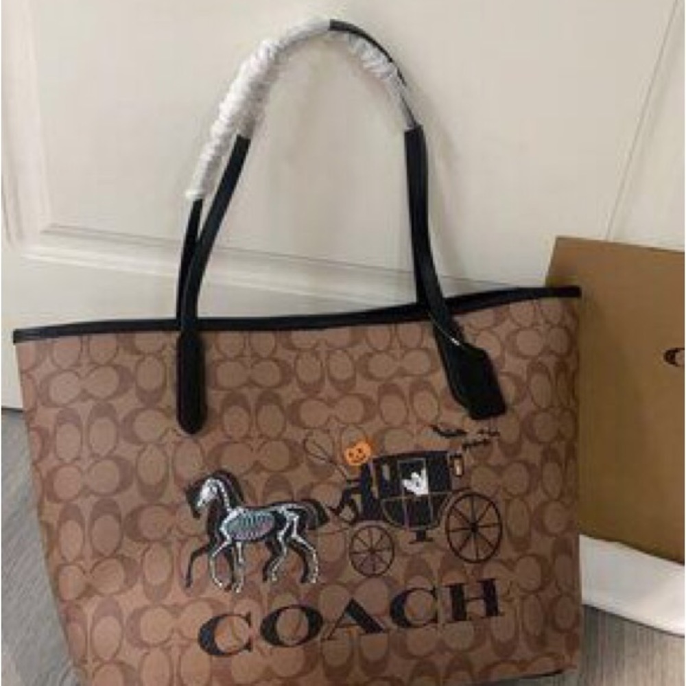 Coach Brown Signature Canvas Tote with Black Handles and Orange Interior - Picture 4 of 6